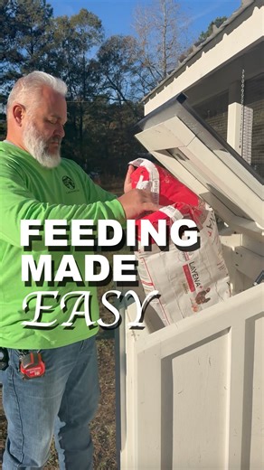 Look how easy it is to fill our feeder hopper. Our feeder hopper stores and dispenses up to 100 lbs of feed while keeping it dry and away from predators. | Carolina Coops