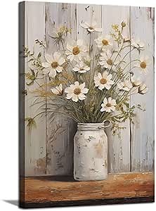 Rustic Farmhouse Daisy Canvas Wall Art Vintage Country Floral Wall Decor Picture Modern Flower Poster Print for Living Room Bedroom Bathroom Decoration 12x16in