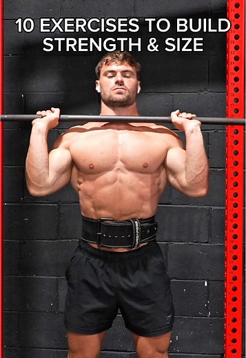 10 Exercises to Build Strength & Size Nothing fancy just heavy compound barbell and bodyweight exercises loaded heavy in the 3-8 rep range. Squat & Hinge variations to build your legs. Pushing & Pulling exercises to build your upper body. 💥 Back Squats 💥 Bench Press 💥 Deadlifts 💥 Overhead Press 💥 Pull-ups 💥 Dips 💥 Romanian Deadlifts 💥 Split Squats 💥 Bent Over Rows 💥 Front Squats I aim to hit each of these exercises or a variation of them throughout the week in my training. @_dylanshann