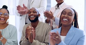 Business people, success or clapping in office presentation, marketing education or advertising learning in diversity collaboration. Happy smile, applause or workshop training for men and women team