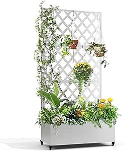 FENCY Metal Planter Box with Diamond Lattice Trellis Planter Box for Climbing Plants/Vines, Galvanized Raised Garden Bed On Wheels, Garden Bed with Trellis(73"x35" White)