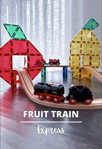 All aboard the Fruit Train Express! 🚂🍎🍋 When I first saw @Jasmin pair train tracks with magnetic tiles, I knew I had to try it! Such a fun way to mix creativity and STEM play. Thanks for the inspiration! Be sure to check out her page for more awesome play ideas! Train link in bio. 🚂🔗 #STEMplay #magnetictiles #CreativeKids