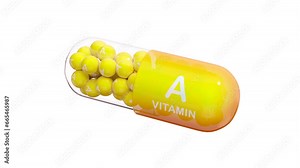 Yellow-orange pill or capsule filled with vitamin A. Seamless loop. 3D Rendering. RGB + Alpha channel + green chromakey screen