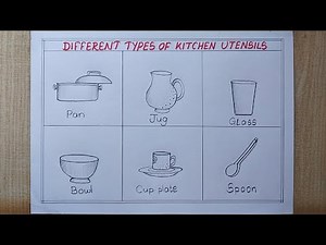 Different types of Kitchen Utensils drawing easy| 6 Kitchen Utensils drawing| Pencil Chart drawing
