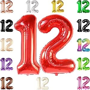 KatchOn Giant 12 Balloon Number Red - 40 Inch | Red Number 12 Balloons, 12th Birthday Decorations for Girls