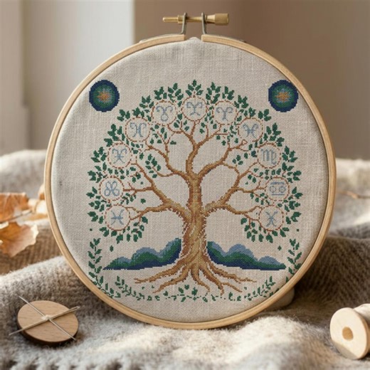 Zodiac Tree Cross Stitch Pattern, Astrological Embroidery (PDF Pattern) - Etsy UK