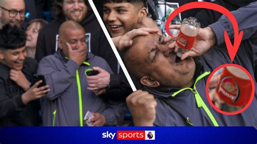 Man City fan drinks from Arsenal water bottle after Man City go 3-0 up against Chelsea