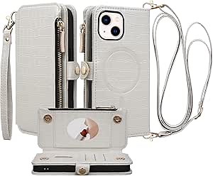Crossbody Wallet Case for iPhone 13 with Mirror, Wrist Strap, Zipper Purse Magnetic Flip RFID Blocking Card Holder, Wireless Charging, PU Leather Shockproof 6.1" Women (White)