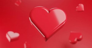 Spinning hearts on a red background, animated. Seamless loop. 3d render.