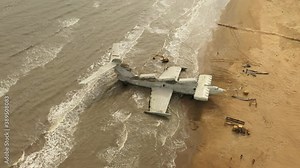 Lun-class ekranoplan, a formerly top-secret Soviet naval vessel. Giant flying ship on the coast of the Caspian Sea. Russia, Dagestan.