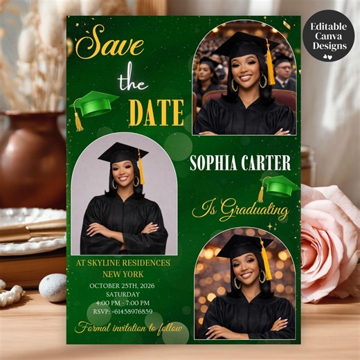 Editable Green Graduation Invitation, Save the Date Template With Photo, Him/her Senior Graduation College Party Evite Template,pdf Download - Etsy