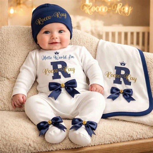 Newborn Baby Boy a FULL SET is a Romper Hat Navy Blue Mittens. Personalised Prince Add a Blanket or Keepsake Suitcase - Etsy