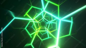 Endless flight in the corridor with a laser neon curve. Modern ultraviolet lighting. Blue green light spectrum. Seamless loop 3d render