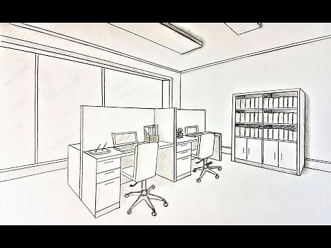How to draw a room in two point perspective, a office room