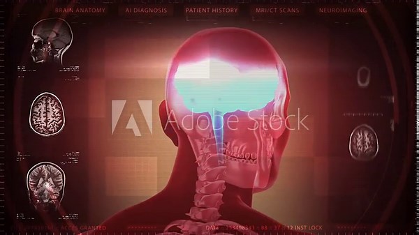 High Tech Interface 3D Human Body, Brain And MRI. Electrical Impulses Shinning inside the brain. Synapse, Neuroimaging, Artificial Intelligence Brain Mapping.