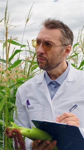 Genetically modified food as a solution to the problem of hunger - an agronomist-researcher in glasses stands in a cornfield and makes notes on a clipboard. FHD vertical footage.