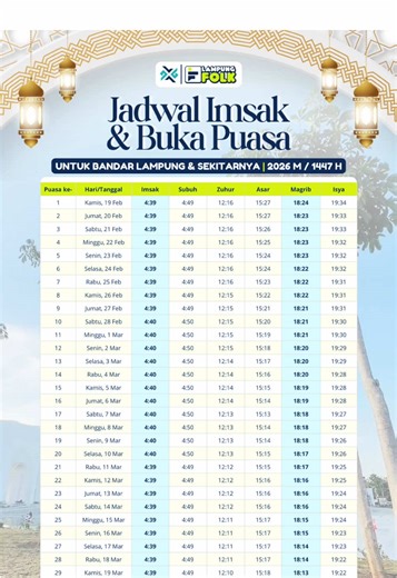 Jadwal Imsak & Buka Puasa Ramadan 1447 H untuk Bandar Lampung dan sekitarnya 🌙✨ Simpan dan bagikan biar nggak ketinggalan waktu sahur & berbuka! Semoga puasanya lancar dan penuh berkah 🤲💙 Kalo butuh file pdf-nya bisa didownload di link berikut: 👉 lampungxplore.com/imsak Catatan: hari pertama puasa masih menunggu keputusan sidang sibat Kementerian Agama RI #imsaklampung #ramadanlampung #LampungFolk #lampungxplore #promodiskonlpg [Tags: originalx, infografisx]