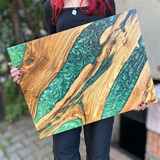 Handmade Olive Wood Charcuterie Board: Blue Resin River Serving Board - Etsy