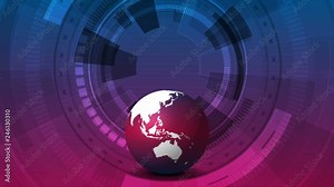 Blue purple technology motion background with earth globe and HUD gear elements. Seamless loop. Video animation Ultra HD 4K 3840x2160