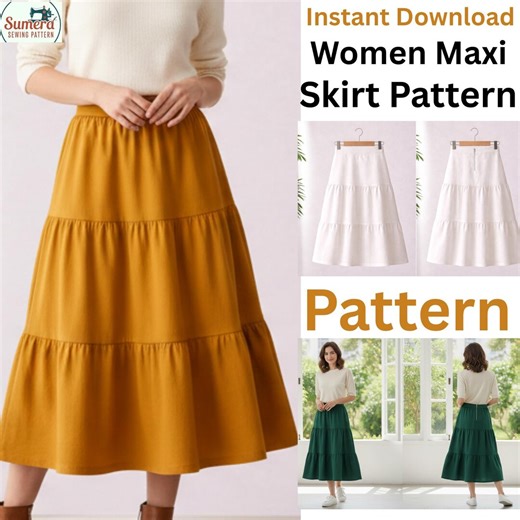 Tiered Maxi Skirt Sewing Pattern PDF, Elastic Waist Long Skirt Tutorial, Flowy Skirt DIY, Women Printable Sewing Guide, Instant Download - Etsy