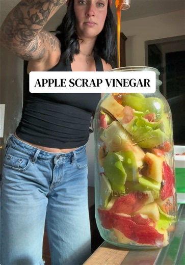 APPLE SCRAP VINEGAR! One of my favorite, no waste hacks! We’ll let it sit on the counter for a few days, and we will start to see bubbles…That means the fermentation is working, and millions of probiotics are forming! Next week we will start to taste it, the longer it sits the more vinegar-y and tart it will be! #nowaste #homestead #selfsufficient #guthealth #canningandpreserving