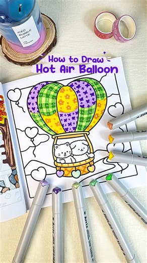How to draw a hot air balloon ✨ Simple shapes, playful patterns, and soft colors make this hot air balloon feel extra cute and cozy 🎨💛 ☁️ Save this for later ☁️ Try it with your favorite color combo Cute coloring page from Fuzzy in Love coloring Book. #howtodraw #coloringtutorial #coloringtips #colortok #fyp