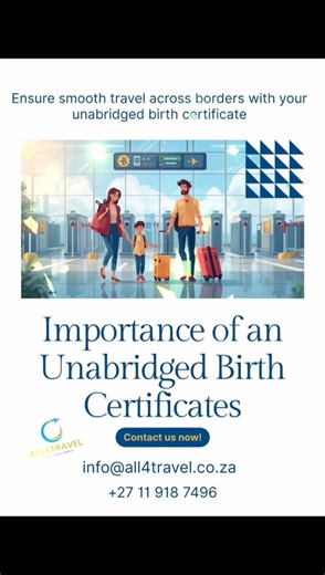 🌍 Need your Unabridged Birth Certificate? Whether it’s for a visa, dual citizenship, or traveling abroad, we handle it all — quickly, correctly, and stress-free! 🧳✨ All4Travel will assist you from application to collection, saving you time and frustration. ✅ 📩 Let our team take care of the paperwork so you can focus on your next adventure! 📧 Michele Hewitt – michele@all4travel.co.za | 27 68 422 7288 📧 Nici Goosen – info@all4travel.co.za | 079 528 8449 📧 Elaine Maritz – visas@all4travel.co.