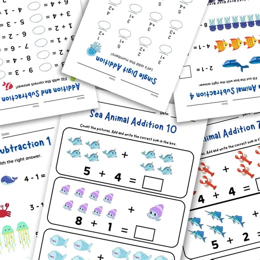 35 Printable Sea Animal Math Worksheets 1–10, Counting, Tracing, Addition & Subtraction - Etsy