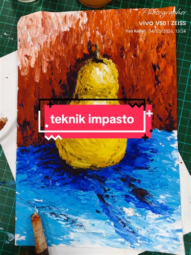 PSV F3: TEKNIK IMPASTO Teknik impasto ialah teknik melukis di mana cat—biasanya cat minyak atau akrilik—dilapiskan dengan tebal pada permukaan kanvas atau kertas, sehingga mencipta tekstur tiga dimensi yang jelas. Cat disapu menggunakan berus tebal atau pisau palet (palette knife), membolehkan garis, lekukan, dan kesan cahaya-bayang yang lebih dramatik pada lukisan. Ciri-ciri utama teknik impasto: Ketebalan cat – cat diletak dengan cukup tebal hingga meninggalkan jejak sapuan atau tekstur yang k