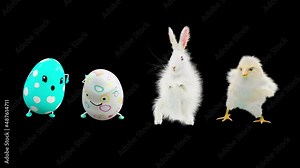 Easter Day, Happy Easter, eggs Dancing, chick and rabbit, 3d rendering, Animation Loop composition 3d mapping cartoon, included in the end of the clip with Alpha matte.