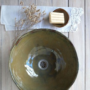 Olive Green Sink. Stoneware bathroom sink.