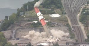 Former Elrama plant smokestack brought down in implosion