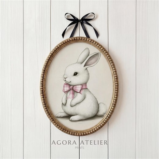 Vintage Easter Babby Bunny Nursery Wall Art Printable Cute Cottagecore Baby Girl Decor Pink Bow French Country Oval Farmstyle Frame 534 - Etsy