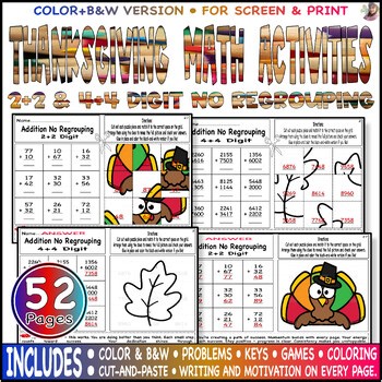 Addition 2   2,  4   4 Digit without regrouping | Thanksgiving Math Activities