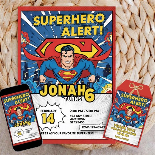 Superman Birthday Invitation Template   Thank You Tag, Editable Canva Superhero Party Invite, Boy Birthday Printable, Instant Download - Etsy