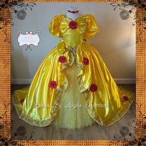 Princess Belle Beauty & the Beast Roses Tutu Dress With Long Train Ball Gown Pageant Costume Luxury Satin Birthday Party Halloween - Etsy