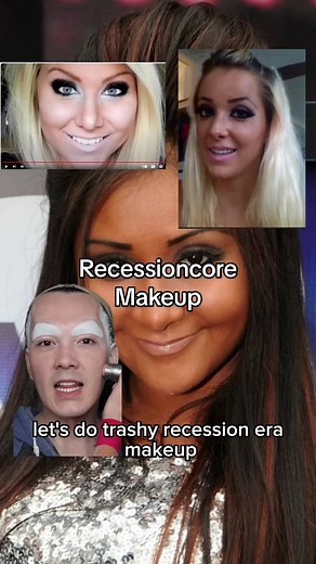 Most of my makeup looks are modeled after celebrities/public figures who have their makeup done professionally. It was so fun to instead follow some ancient YouTube tutorials, it really made me feel like I started social media at the wrong time 😮‍💨. Highly recommend going through the archives, you’ll be shocked at how different it is from today. Video description: Taipei is a drag queen in a blue sweatshirt in front of a blue background. She applies a recession era make up look, with arched ey