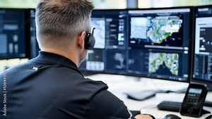 A person in a headset monitors multiple screens displaying data and maps in an office setting.