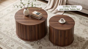 IRONCK Round Coffee Table Set of 2, Fluted Coffee Table and End Table with Storage, Wood Center Tables with Sliding Tambour Door and Hollow Side Table, Mid Century Modern, Walnut