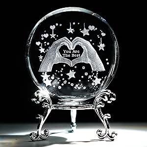 HDCRYSTALGIFTS 60mm 3D Laser Engraved Heart Hands Crystal Ball Paperweight Love Finger Valentines Figurines Gift for Women, Glass Decorative Ball Sphere for Shelf Living Room