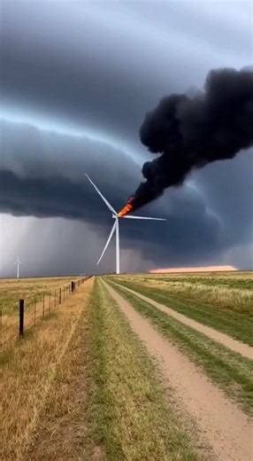 🚨 LIGHTNING STRIKE IGNITES TEXAS WIND TURBINE 🚨 A powerful bolt hit a turbine near Breckenridge, Texas and within seconds, flames were roaring from the nacelle. Thick black smoke poured across the storm-dark sky as part of a blade failed and debris fell into the field below. Lightning protection systems exist… but nature still wins sometimes. Would you stand and film this — or get out fast? 👀 📍 Texas 🎥 AI-generated recreation based on reported event #TexasStorm #LightningStrike #WindTurbine