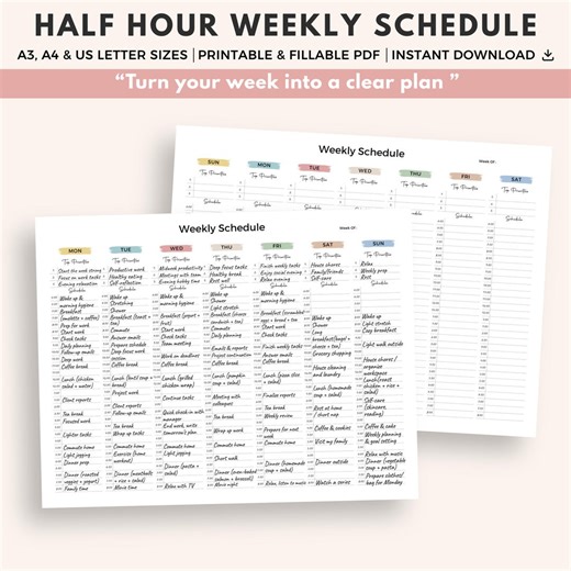 Half Hour Weekly Schedule: Minimalist, Pastel Weekly Planner, Printable, Fillable Pdf - Etsy