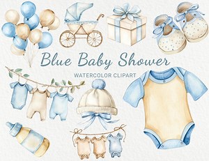 Blue Baby Shower Watercolor Clipart - 24 PNG Cute Baby Room Decor, Baby Party, Newborn Illustration, Balloons, Gifts, Children's Clothing - Etsy
