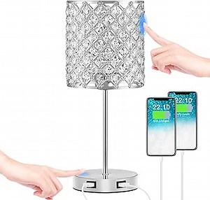 Touch Control Crystal Table Lamp - Desk Small Lamp with Dual USB Charging Ports, 3-Way Dimmable Bedside Light with Bulb, Modern Nightstand Lamp for Bedroom Living Room-Silver(Light Bulb Included) - Amazon.com