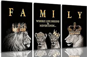 3Pcs Framed Lion Family Canvas Wall Art The Lion King and Queen with Gold Crown Poster Modern Motivational Black and White Animal Wall Decor Painting for Home Bedroom Living Room Office decoration