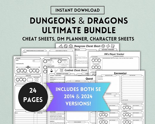 Dnd Bundle, 5e, 2014, 2024, Dnd Cheat Sheet, Dnd Player Guide, Dnd Character Sheet, Dungeons and Dragons, Dungeon Master, Digital PDF - Etsy