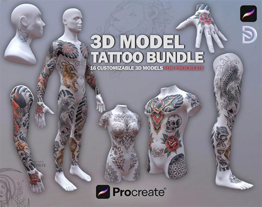 Procreate 3D Set – 16 Editable 3D Models for Tattoo and Concept Design - Etsy