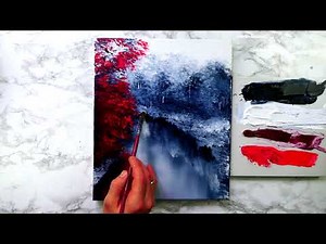 Black and White Landscape | Red Tree | Easy Painting for Beginners | Oval Brush Technique