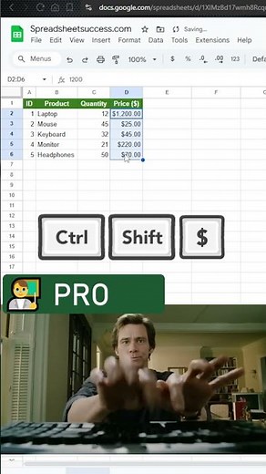 💲 Apply currency format instantly in Google Sheets #googlesheets #spreadsheettips #spreadsheethacks