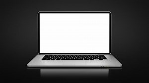 Highly detailed aluminum laptop spinning and opening over black background. Thin. Technology animation. 4 in 1. The white display is perfect for tracking and adding your own photos or videos.